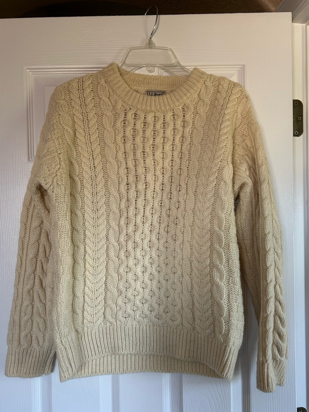 L.L. Bean Men's Cable Knit Crewneck Sweater in Cream